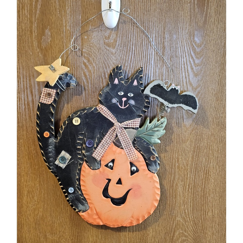 Handmade Wooden Halloween Black Cat Jack-O-Lantern Wall Hanging Decor